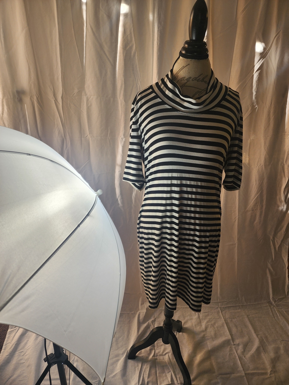 Allen B. By Allen Schwartz Black and White Striped Cowl Neck Dress Large